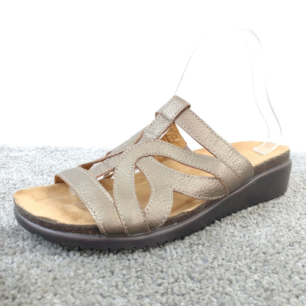 Naturalizer N5 Fryna Pewter Leather Slide Sandals Womens 8 Comfort Shoes Silver